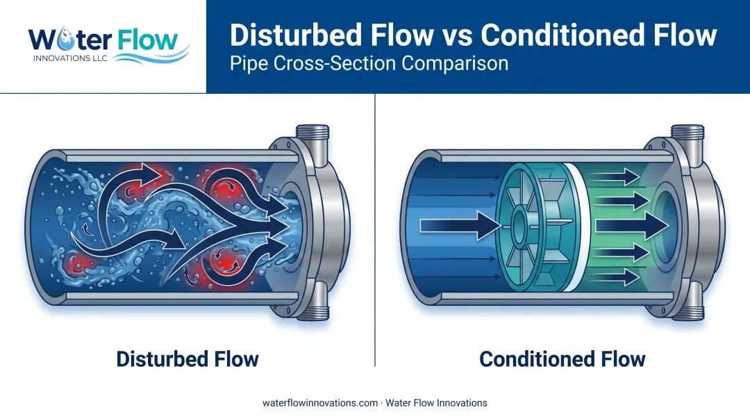 Water flow turbulence versus conditioned laminar flow near meter diagram