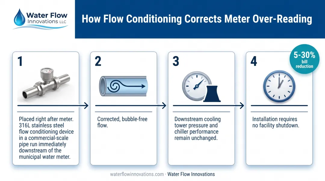 flow conditioning device installation process correcting water meter over-reading
