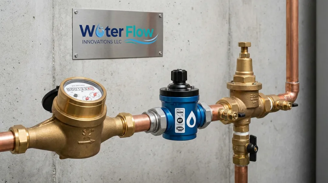 Water Flow Innovation FCD flow conditioning device installed on pipeline upstream of backflow assembly