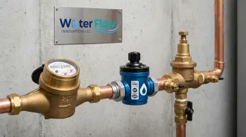 Water Flow Innovations FCD flow conditioning device installed on pipeline upstream of backflow assembly