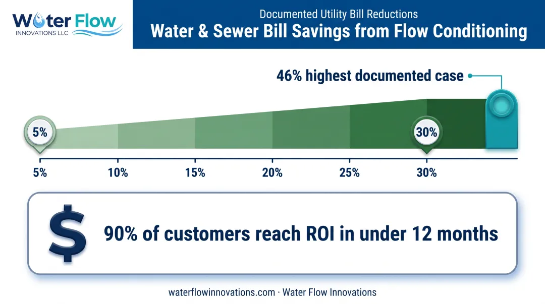 Water bill savings percentage range from flow conditioning correction