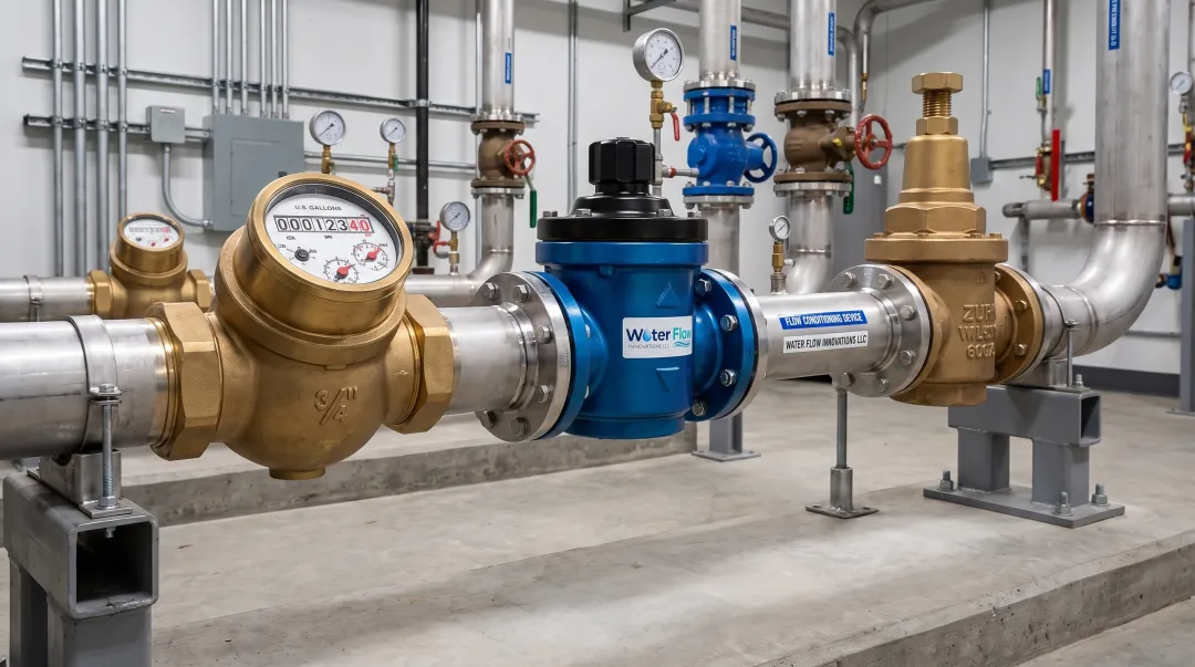 Flow conditioning device installed on commercial water pipe system