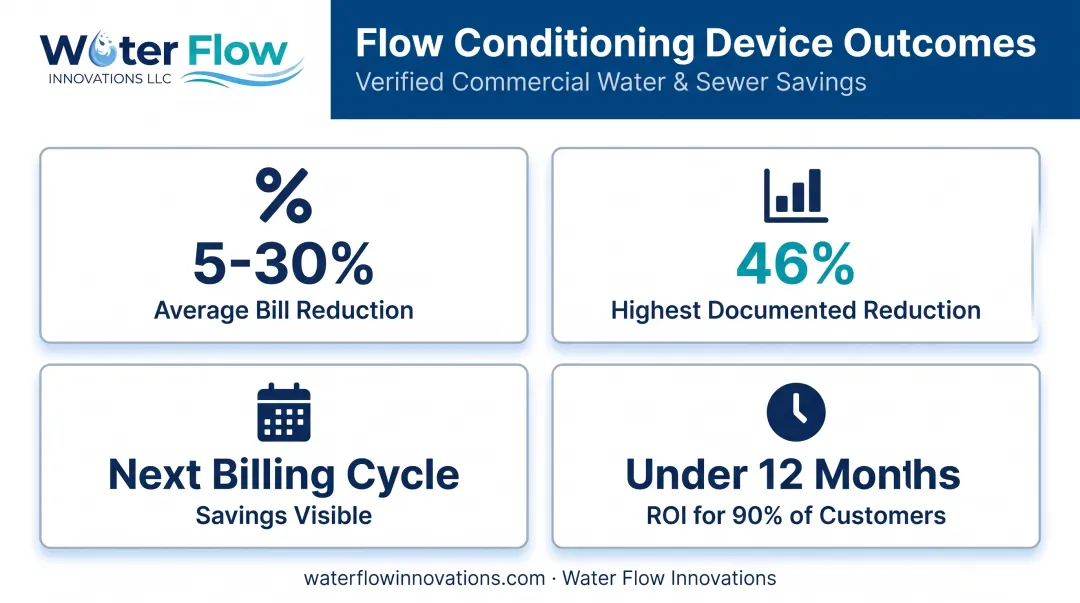 Flow conditioning device results including bill reduction and ROI timeline