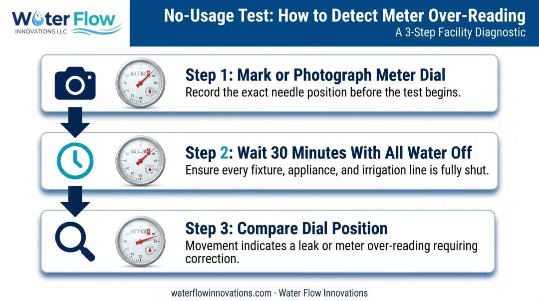 No-usage test steps for detecting water meter over-reading