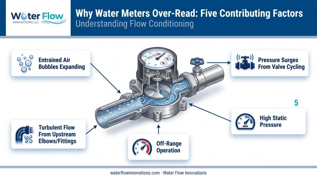 Causes of water meter over-reading including air entrainment and turbulence