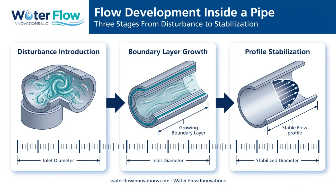 Three-step straight pipe flow development process from disturbance to stabilization