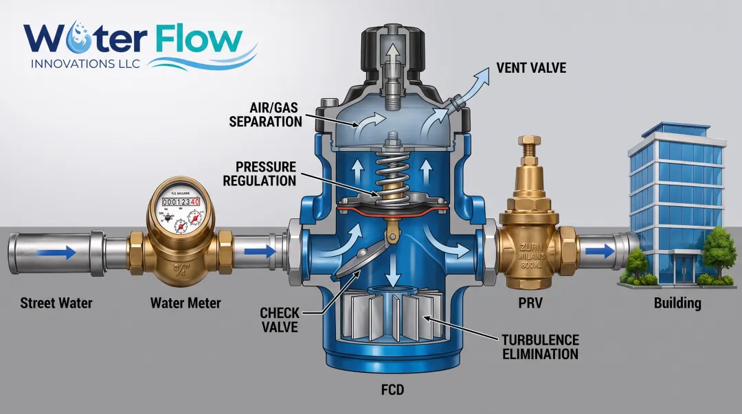Flow Conditioning Device four-part turbulence and air separation system diagram