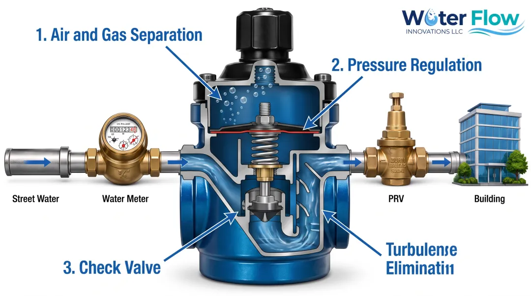 Flow Conditioning Device showing four integrated pressure stabilization functions