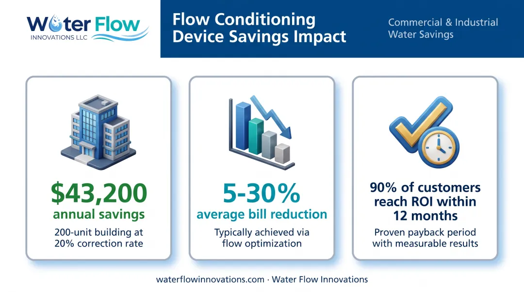 Water and sewer bill savings statistics from flow conditioning device installation