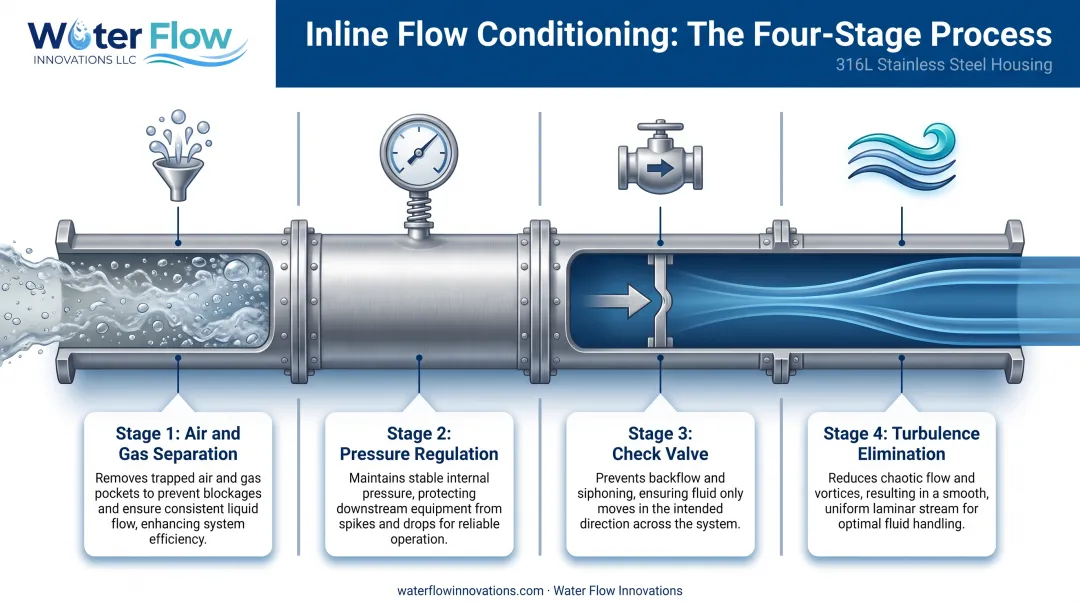 Four-part flow conditioning device design correcting air and turbulence