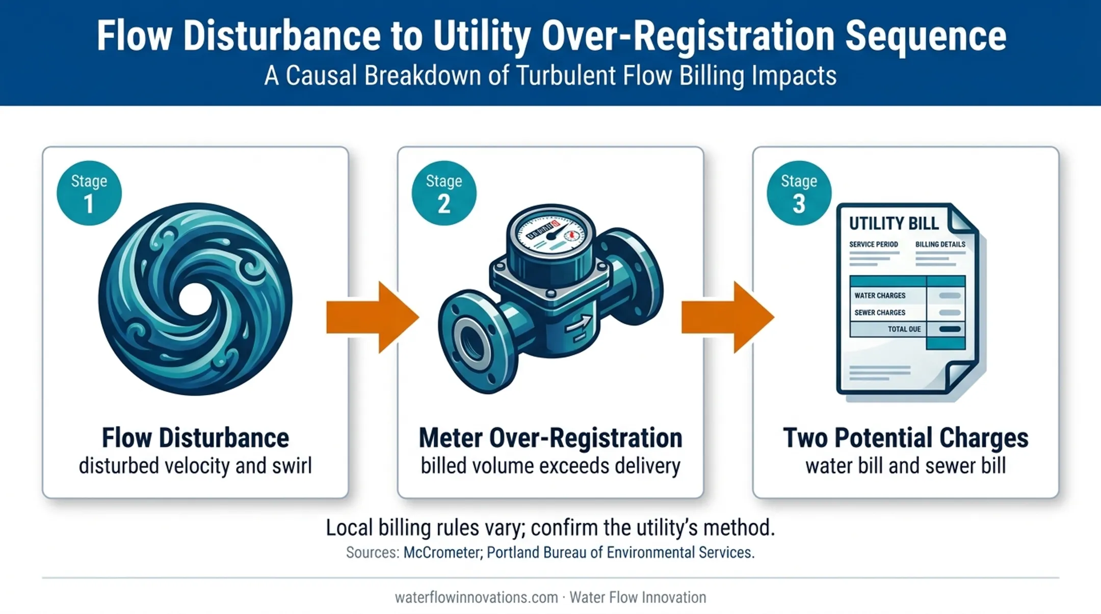 Flow disturbance causing water and sewer billing over-registration