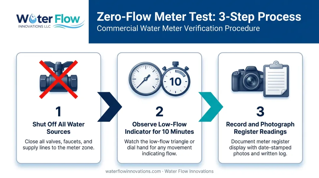 Three-step zero-flow water meter test process for detecting phantom consumption