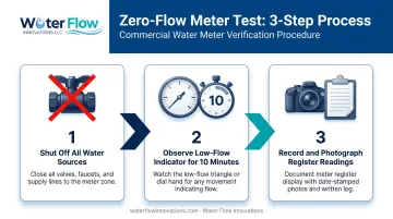 Three-step zero-flow water meter test process for detecting phantom consumption