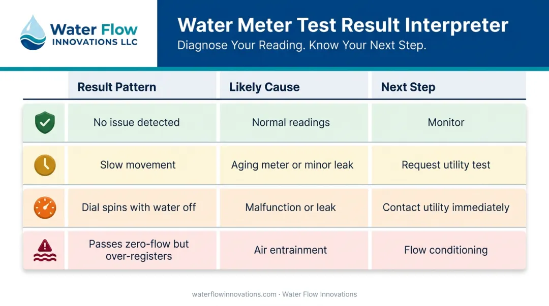 Water meter diagnostic results interpretation table with four outcome patterns and next steps