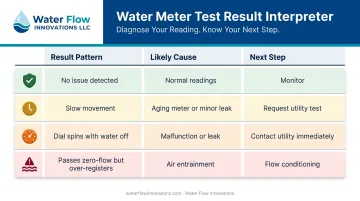Water meter diagnostic results interpretation table with four outcome patterns and next steps