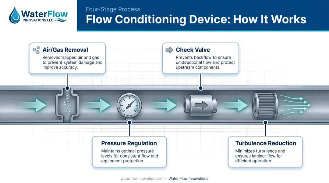 4-component flow conditioning device system correcting disturbed pipe flow