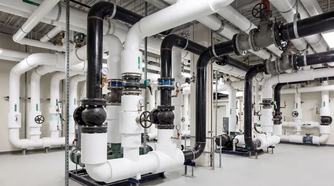 Commercial facility mechanical room with complex water piping and valve systems