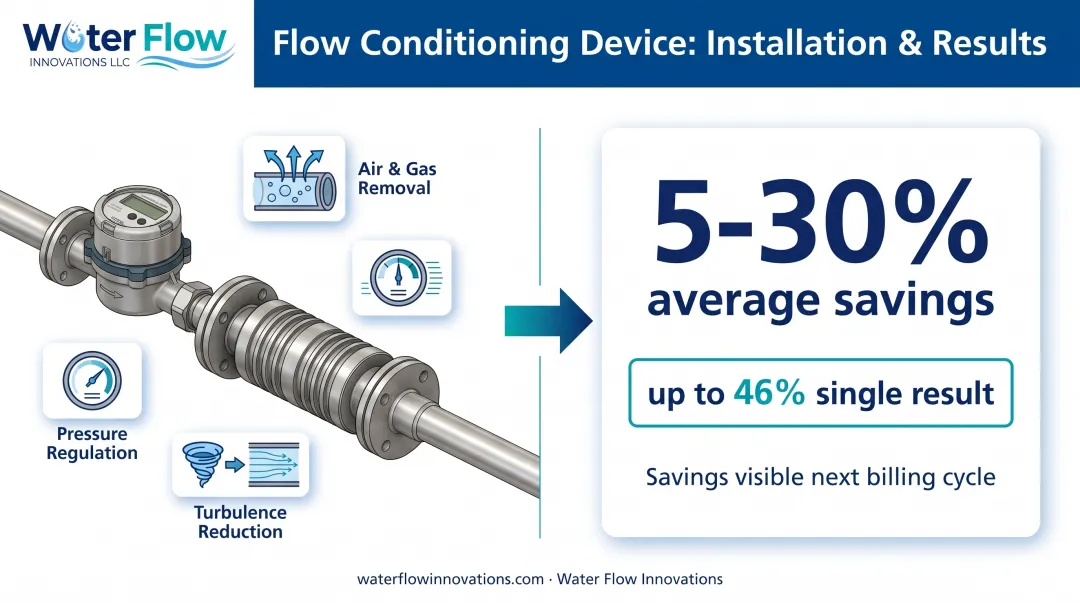 Flow conditioning device installation process and water sewer savings breakdown