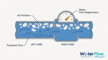Cross-section diagram of water meter with air bubbles causing over-registration