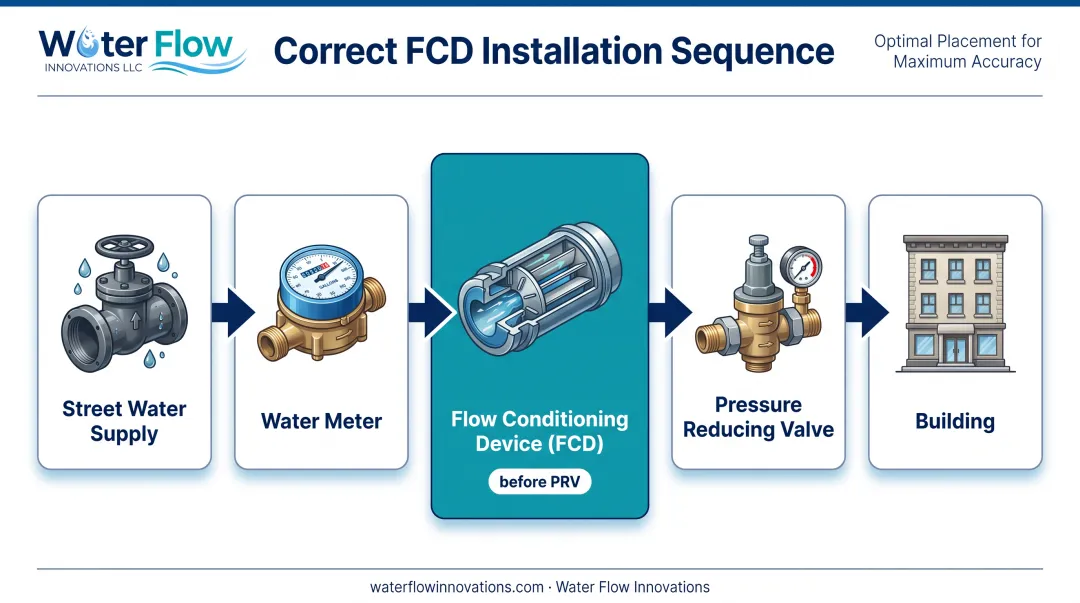 Flow conditioning device placement sequence between water meter and PRV