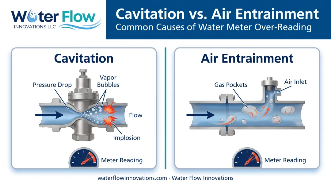Cavitation versus air entrainment mechanisms causing water meter inaccuracy