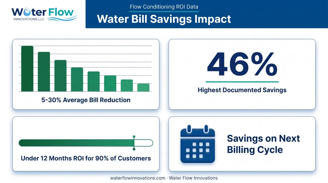 Documented water bill savings and ROI timeline after flow conditioning installation