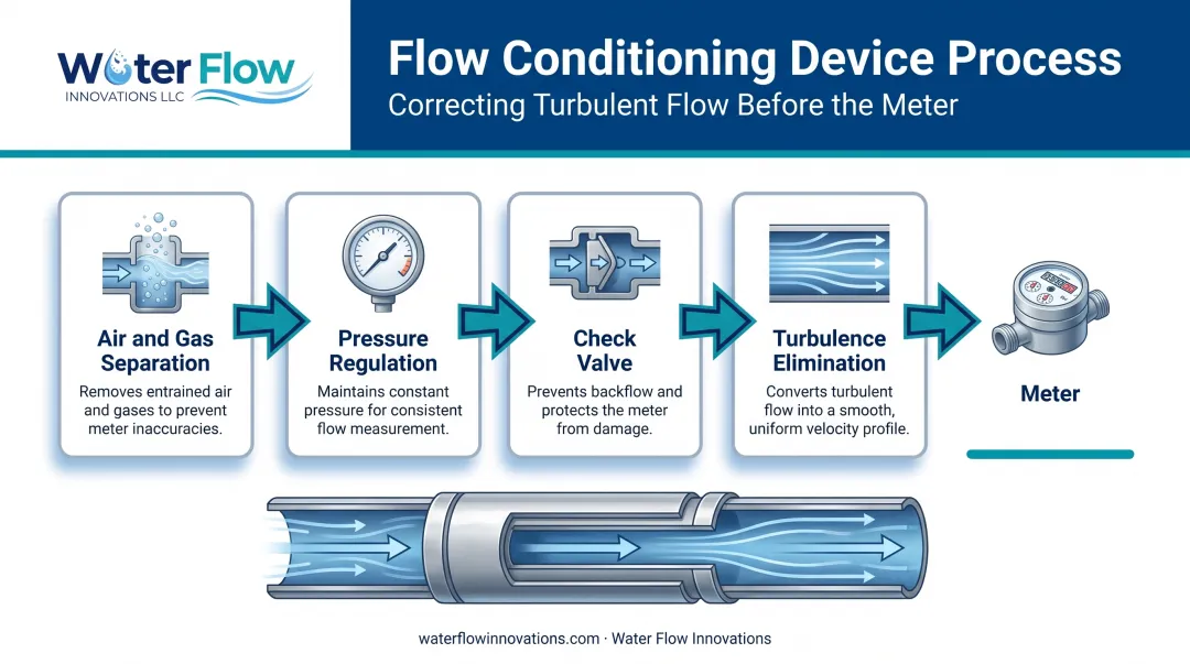 Flow Conditioning Device four-component process diagram for water meters