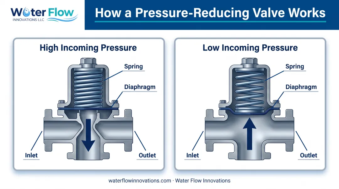 Pressure-reducing valve diaphragm mechanism regulating high and low pressure