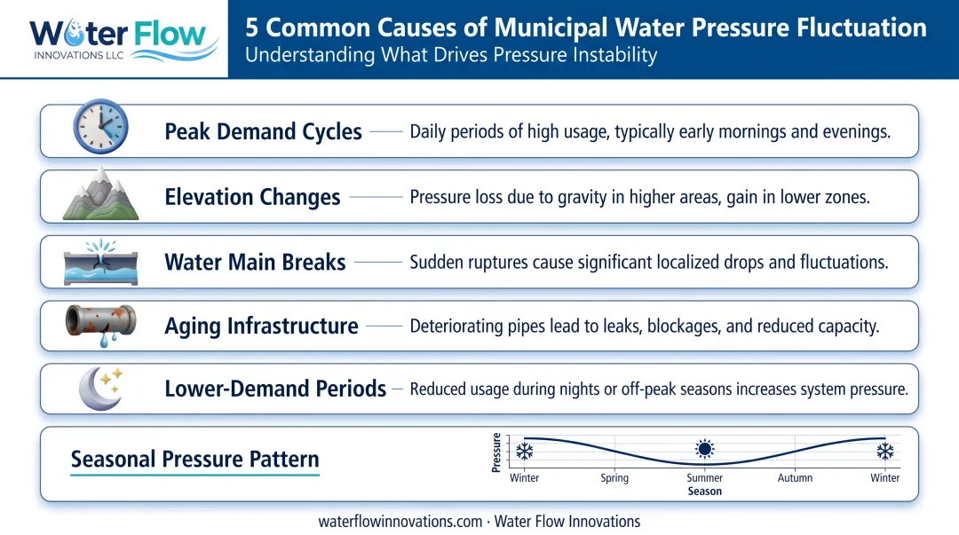 Municipal water pressure fluctuation causes and seasonal demand cycles