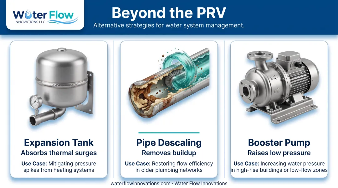 Three complementary water pressure stabilization strategies for homeowners