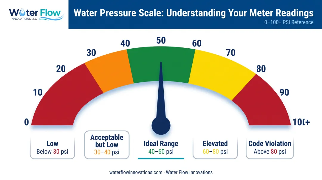 Water pressure reading scale from low to code violation ranges