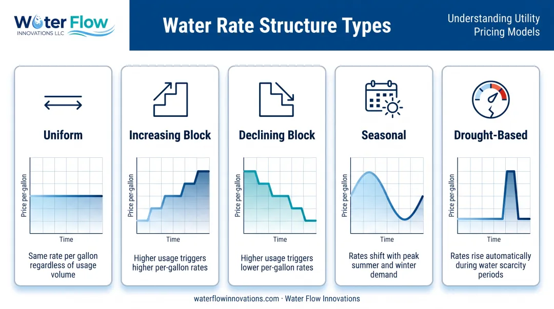 Five water rate structures compared by pricing pattern and use case