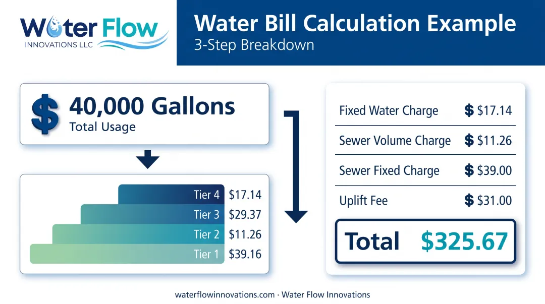 Step-by-step tiered water bill calculation breakdown for 40000 gallons usage