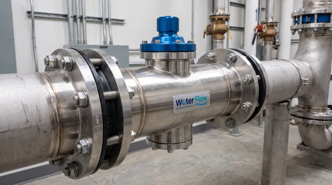 Custom stainless steel flow conditioning device installed on commercial pipeline