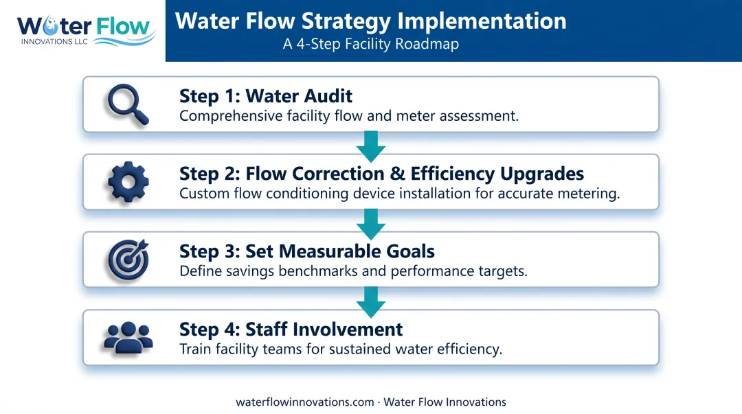 Four-step water flow management implementation strategy for facilities