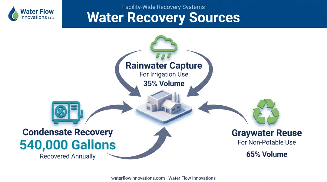 Water reuse and recovery sources for commercial facility water savings