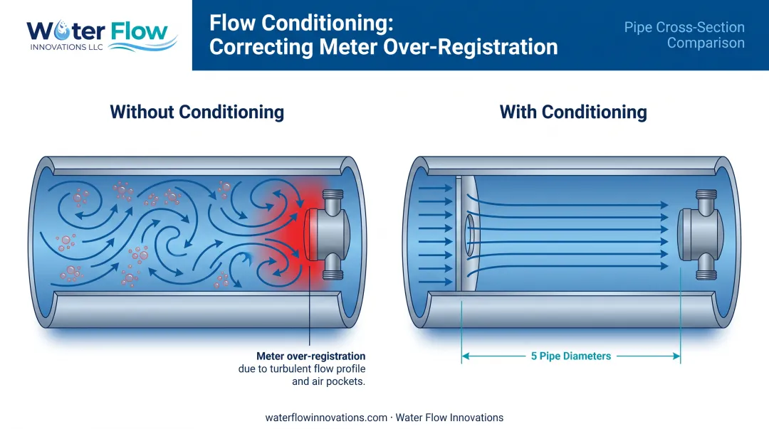 Flow conditioning device correcting turbulence in the water meter reading