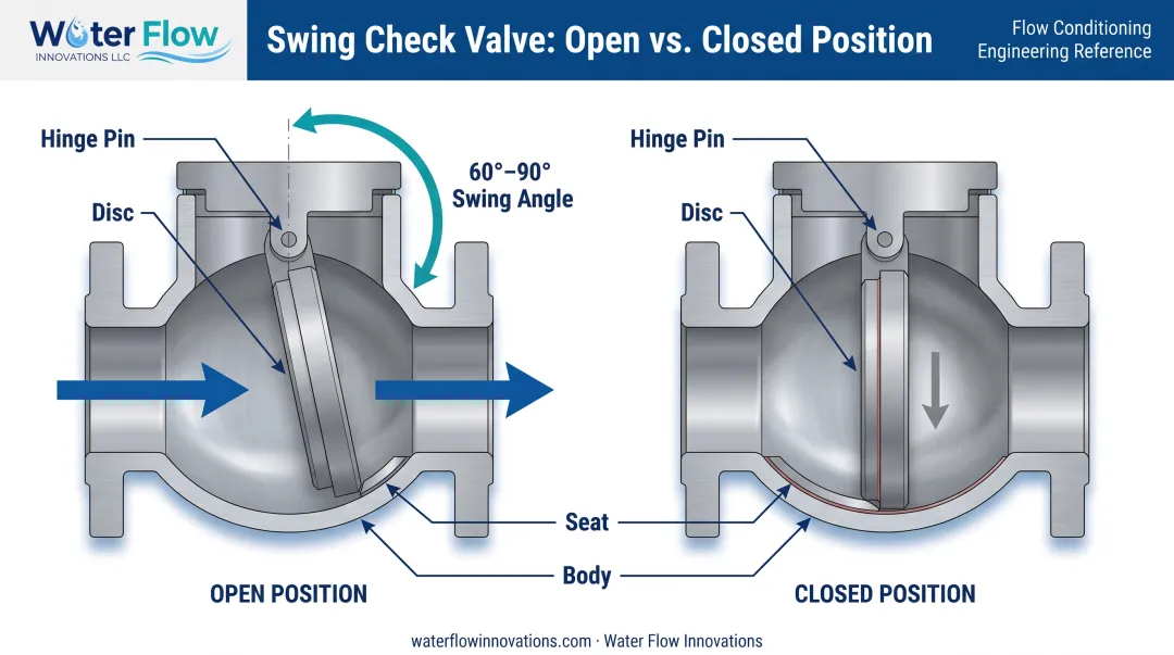 Swing check valve cross-section diagram showing hinged disc operation