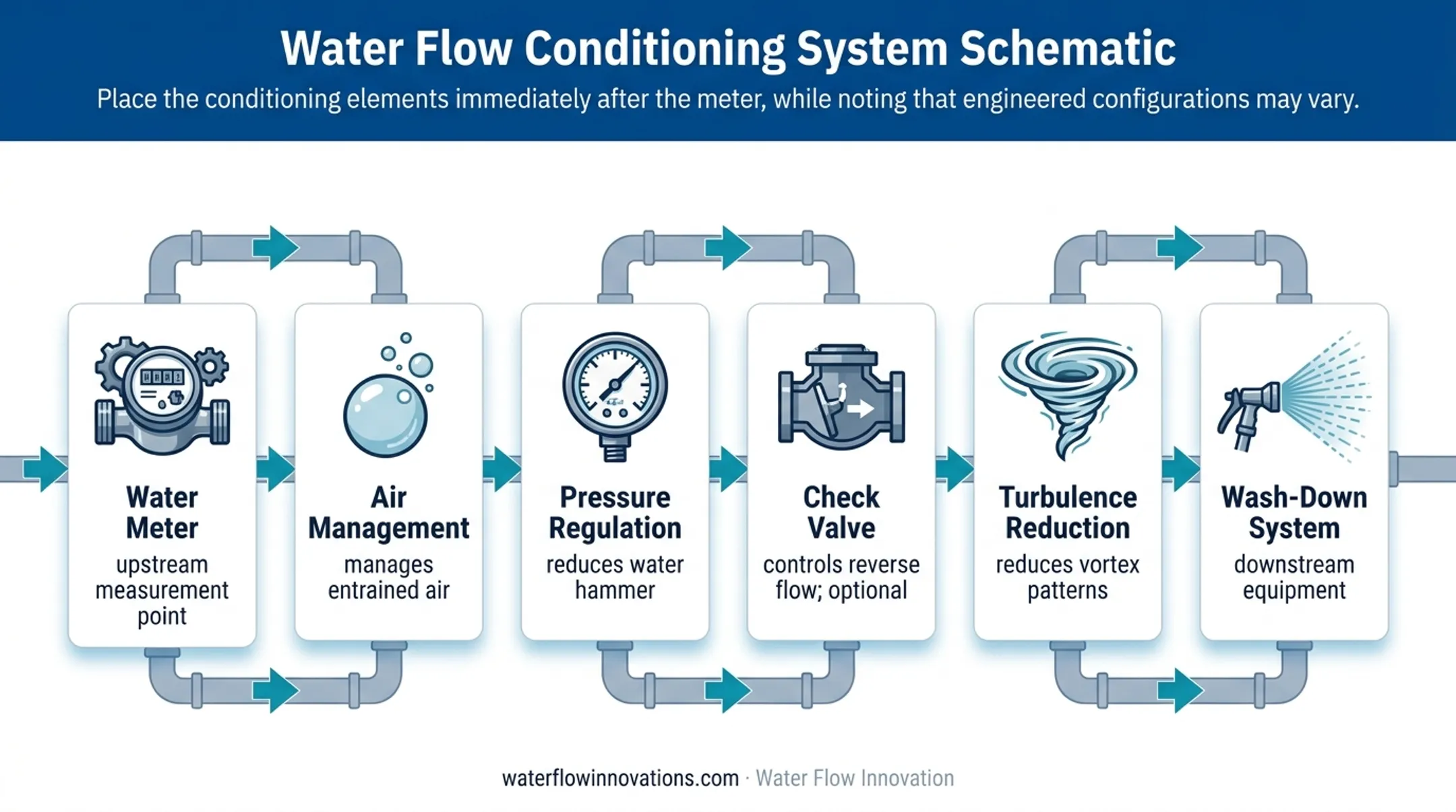 Flow conditioning device placement and four functional elements diagram