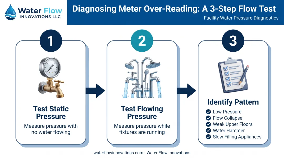 Three-step water pressure diagnosis process with symptom checklist