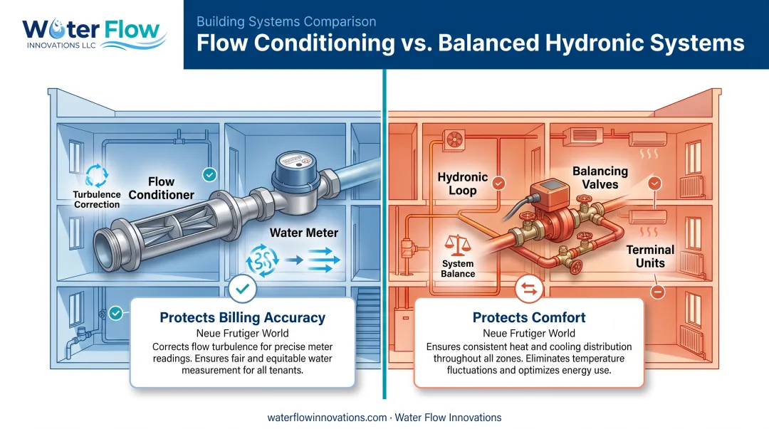 Flow conditioner versus balancing valve system placement comparison diagram