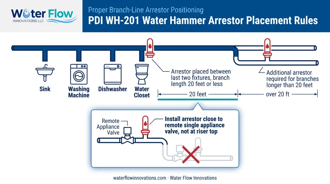 PDI WH-201 water hammer arrestor placement rules for fixture branches diagram