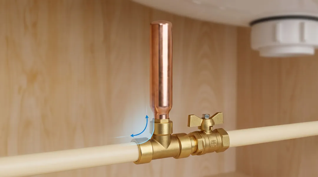 Water hammer arrestor gas-charged chamber absorbing pipe pressure shockwave