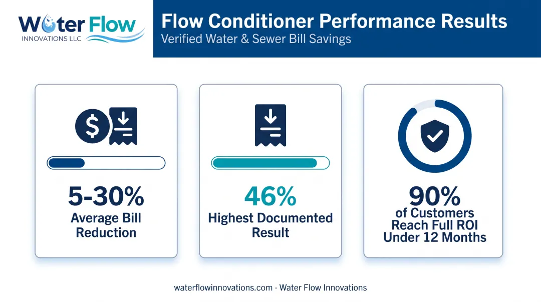 Water and sewer bill reduction statistics chart showing ROI timeline for flow conditioners