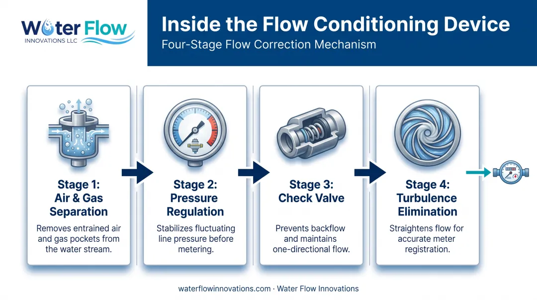 Flow conditioning device four-component mechanism diagram showing water treatment stages