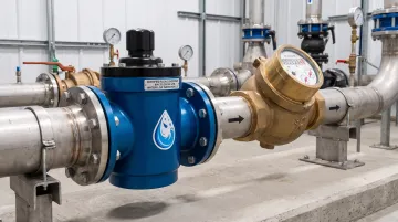 Certified flow conditioning device installed on commercial water meter line
