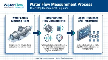 3-step water flow measurement process from entry to signal transmission