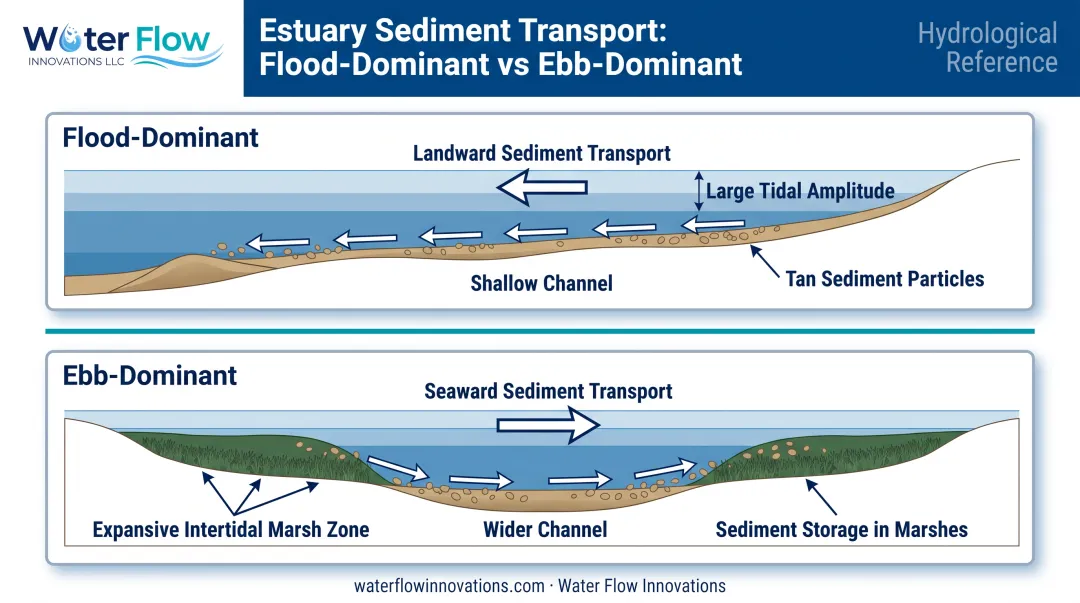 Estuary cross-section showing flood-dominant sediment import versus ebb-dominant export