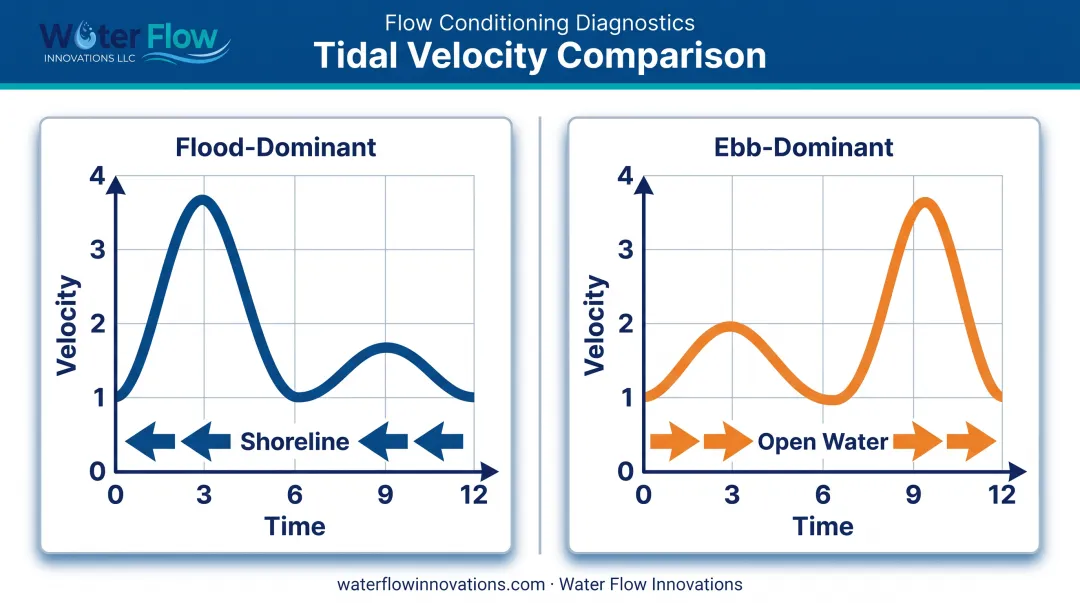 Flood-dominant versus ebb-dominant tidal current velocity comparison diagram