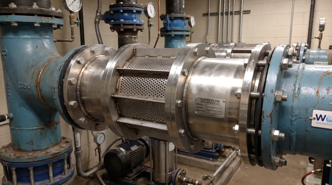 Custom stainless steel flow conditioning device installed on commercial pipe